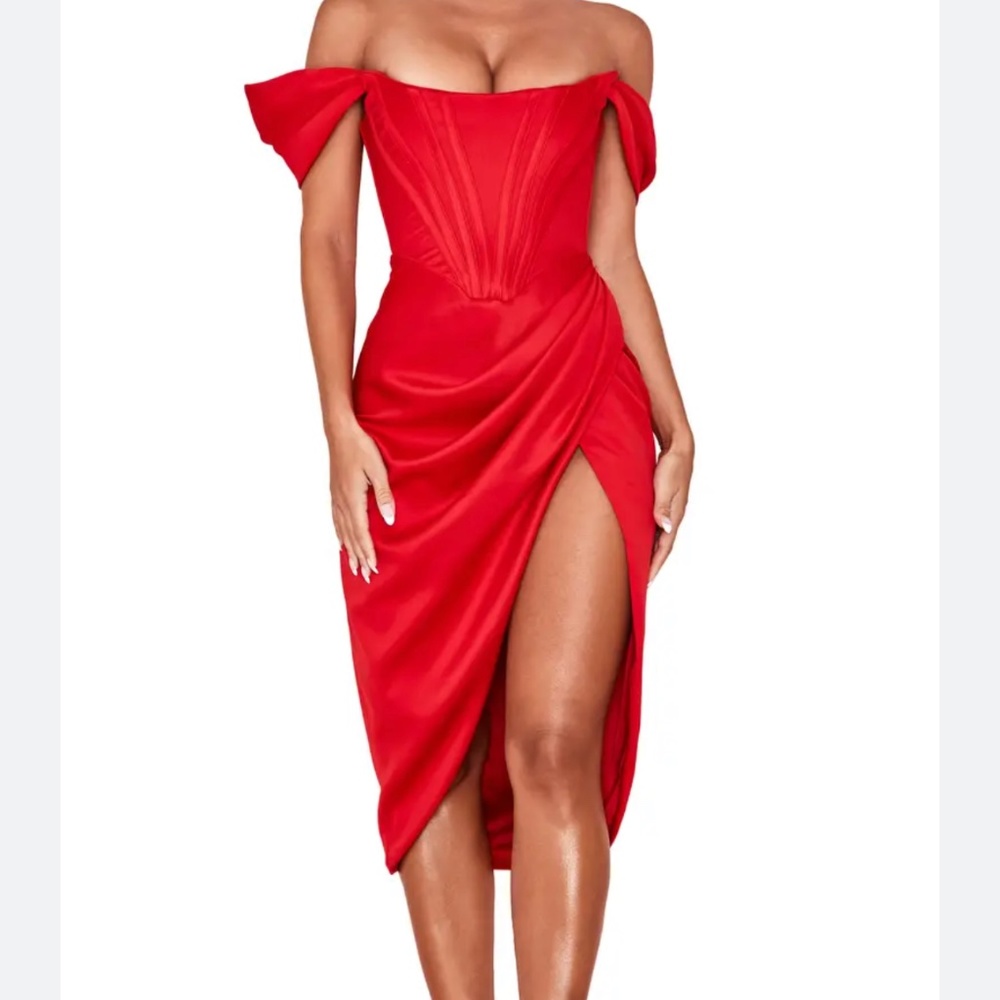 House of CB Loretta Red Satin Off the Shoulder Dress